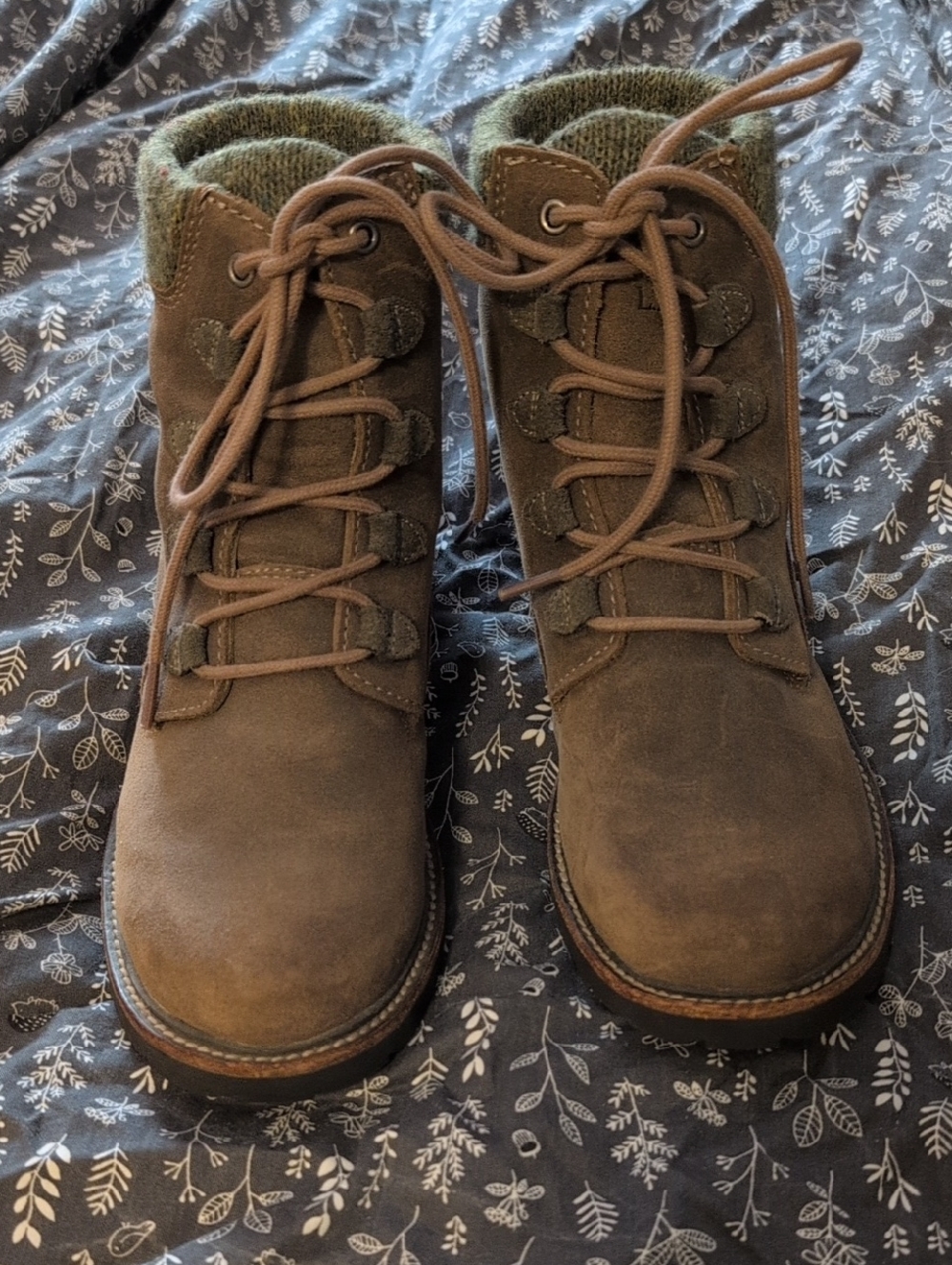 LL Bean | Brown Suede Women's Lace-Up Ankle Boots with Green Knit Collar